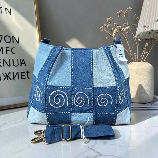 IVY-Patchwork Denim Shoulder Bag With Detachable Strap SI-4
