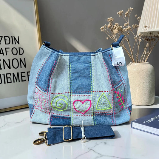 IVY-Patchwork Denim Shoulder Bag With Detachable Strap SI-5