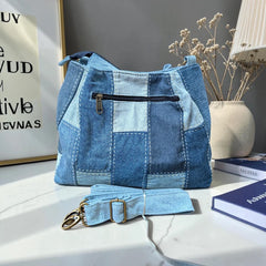 IVY-Patchwork Denim Shoulder Bag With Detachable Strap SI-8