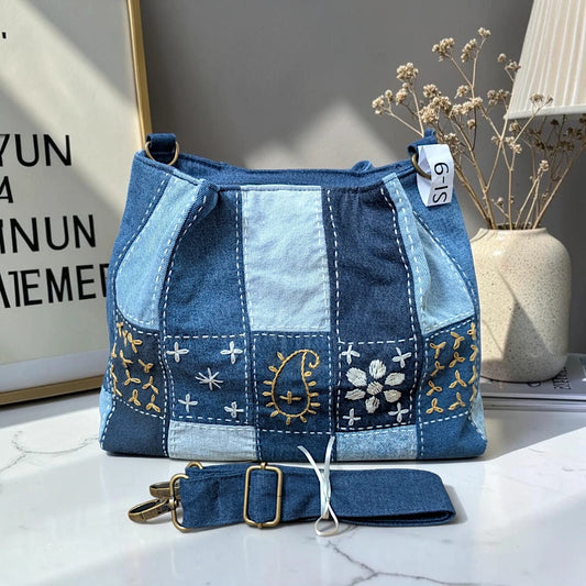 IVY-Patchwork Denim Shoulder Bag With Detachable Strap SI-9