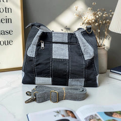 IVY-Patchwork Denim Shoulder Bag With Detachable Strap SI-1