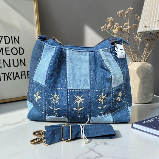 IVY-Patchwork Denim Shoulder Bag With Detachable Strap SI-11