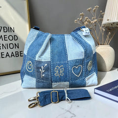IVY-Patchwork Denim Shoulder Bag With Detachable Strap SI-12