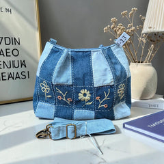 IVY-Patchwork Denim Shoulder Bag With Detachable Strap SI-13
