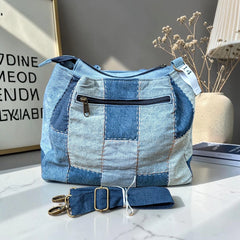 IVY-Patchwork Denim Shoulder Bag With Detachable Strap SI-14