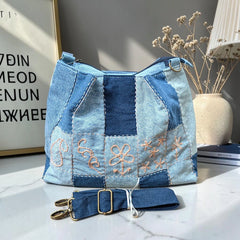 IVY-Patchwork Denim Shoulder Bag With Detachable Strap SI-14