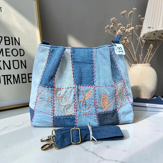 IVY-Patchwork Denim Shoulder Bag With Detachable Strap SI-18