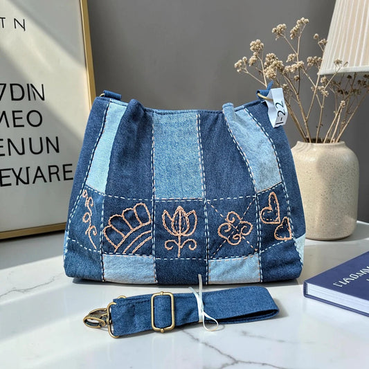 IVY-Patchwork Denim Shoulder Bag With Detachable Strap SI-22