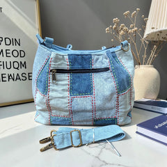 IVY-Patchwork Denim Shoulder Bag With Detachable Strap SI-24