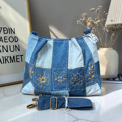 IVY-Patchwork Denim Shoulder Bag With Detachable Strap SI-25