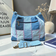 IVY-Patchwork Denim Shoulder Bag With Detachable Strap SI-28
