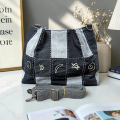 IVY-Patchwork Denim Shoulder Bag With Detachable Strap SI-2