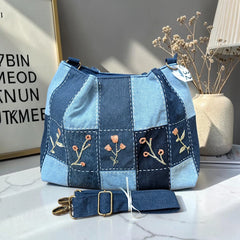 IVY-Patchwork Denim Shoulder Bag With Detachable Strap SI-32