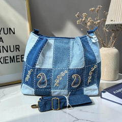 IVY-Patchwork Denim Shoulder Bag With Detachable Strap SI-33