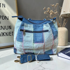 IVY-Patchwork Denim Shoulder Bag With Detachable Strap SI-37