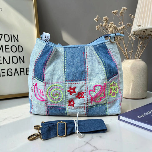 IVY-Patchwork Denim Shoulder Bag With Detachable Strap SI-38