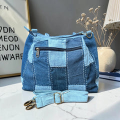 IVY-Patchwork Denim Shoulder Bag With Detachable Strap SI-42