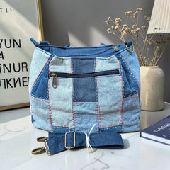 IVY-Patchwork Denim Shoulder Bag With Detachable Strap SI-43