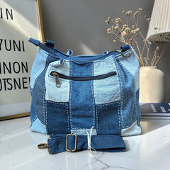 IVY-Patchwork Denim Shoulder Bag With Detachable Strap SI-44