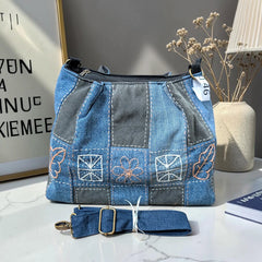 IVY-Patchwork Denim Shoulder Bag With Detachable Strap SI-46