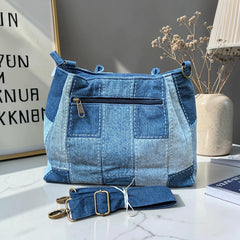 IVY-Patchwork Denim Shoulder Bag With Detachable Strap SI-49