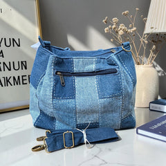 IVY-Patchwork Denim Shoulder Bag With Detachable Strap SI-50