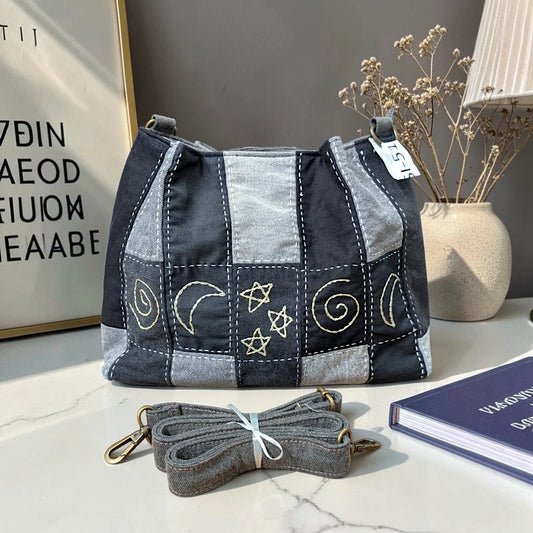 IVY-Patchwork Denim Shoulder Bag With Detachable Strap SI-51