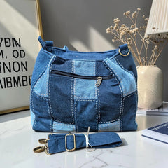 IVY-Patchwork Denim Shoulder Bag With Detachable Strap SI-53