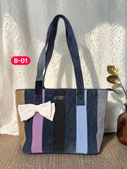 Bow-Ladies Shoulder Patchwork Denim Tote Bag-B01