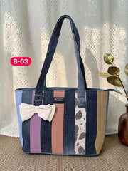 Bow-Ladies Shoulder Patchwork Denim Tote Bag-B03