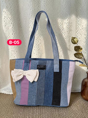 Bow-Ladies Shoulder Patchwork Denim Tote Bag-B05
