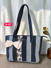 Bow-Ladies Shoulder Patchwork Denim Tote Bag-B07