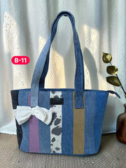 Bow-Ladies Shoulder Patchwork Denim Tote Bag-B11