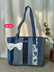 Bow-Ladies Shoulder Patchwork Denim Tote Bag-B12