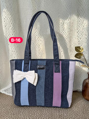 Bow-Ladies Shoulder Patchwork Denim Tote Bag-B16