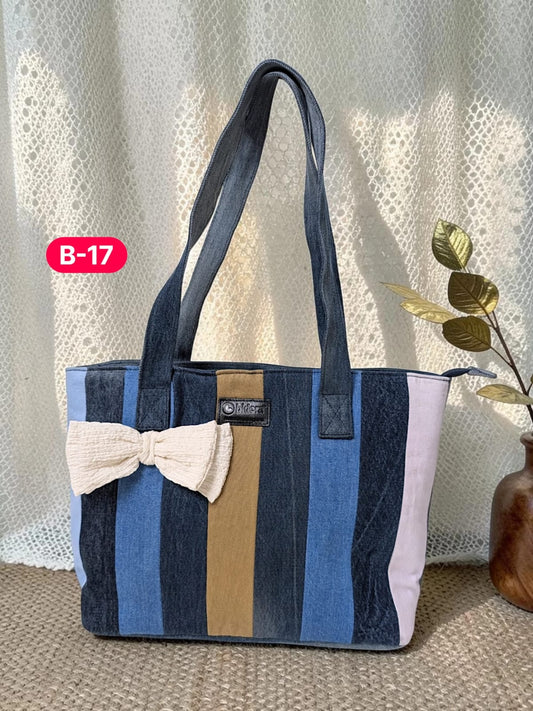 Bow-Ladies Shoulder Patchwork Denim Tote Bag-B17