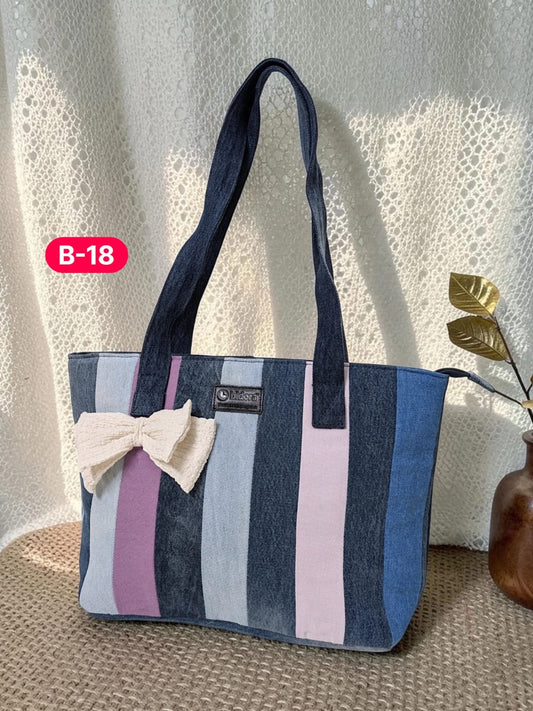 Bow-Ladies Shoulder Patchwork Denim Tote Bag-B18