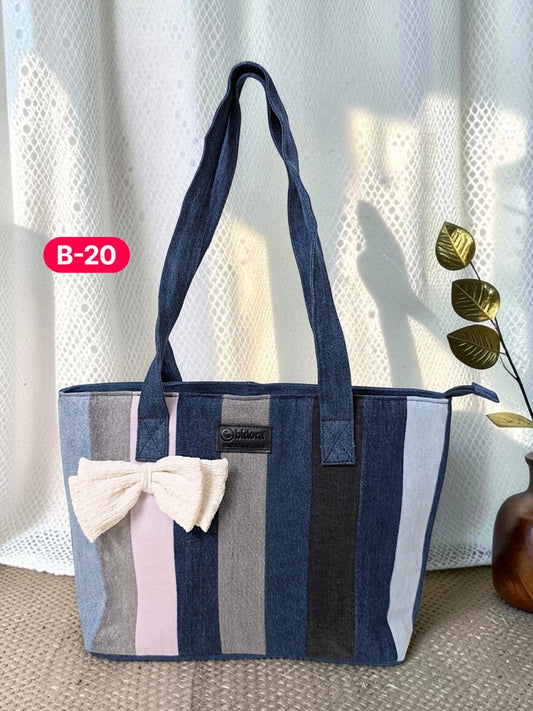 Bow-Ladies Shoulder Patchwork Denim Tote Bag-B20