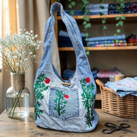 Embroidered Denim Boho Shoulder Bag