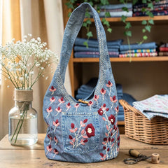 Embroidered Denim Boho Shoulder Bag