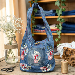 Embroidered Denim Boho Shoulder Bag