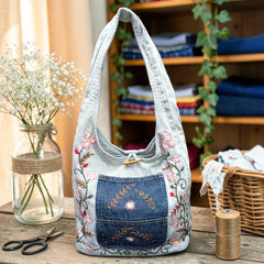 Embroidered Denim Boho Shoulder Bag