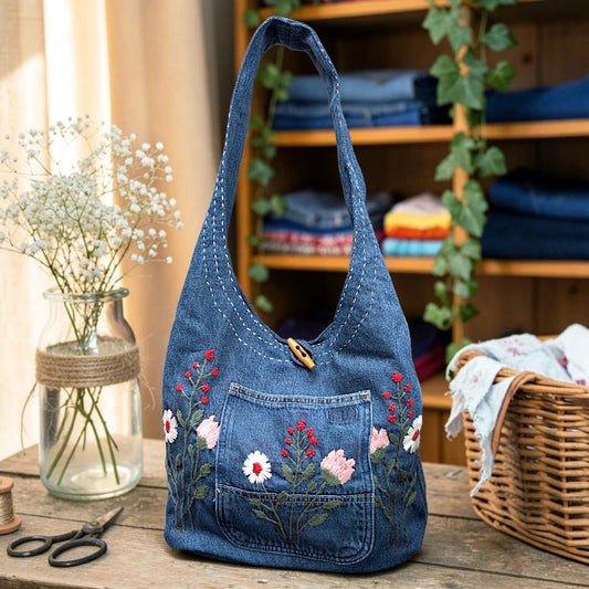 Embroidered Denim Boho Shoulder Bag