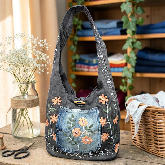 Embroidered Denim Boho Shoulder Bag