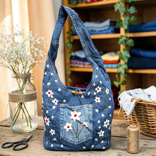 Embroidered Denim Boho Shoulder Bag