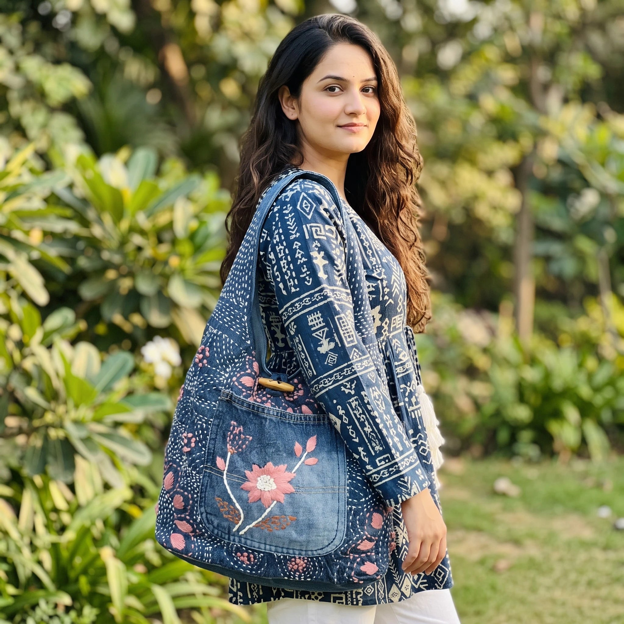 Bidora indigo denim hobo bag with pink floral embroidery and wooden toggle, worn by a woman in a garden setting.