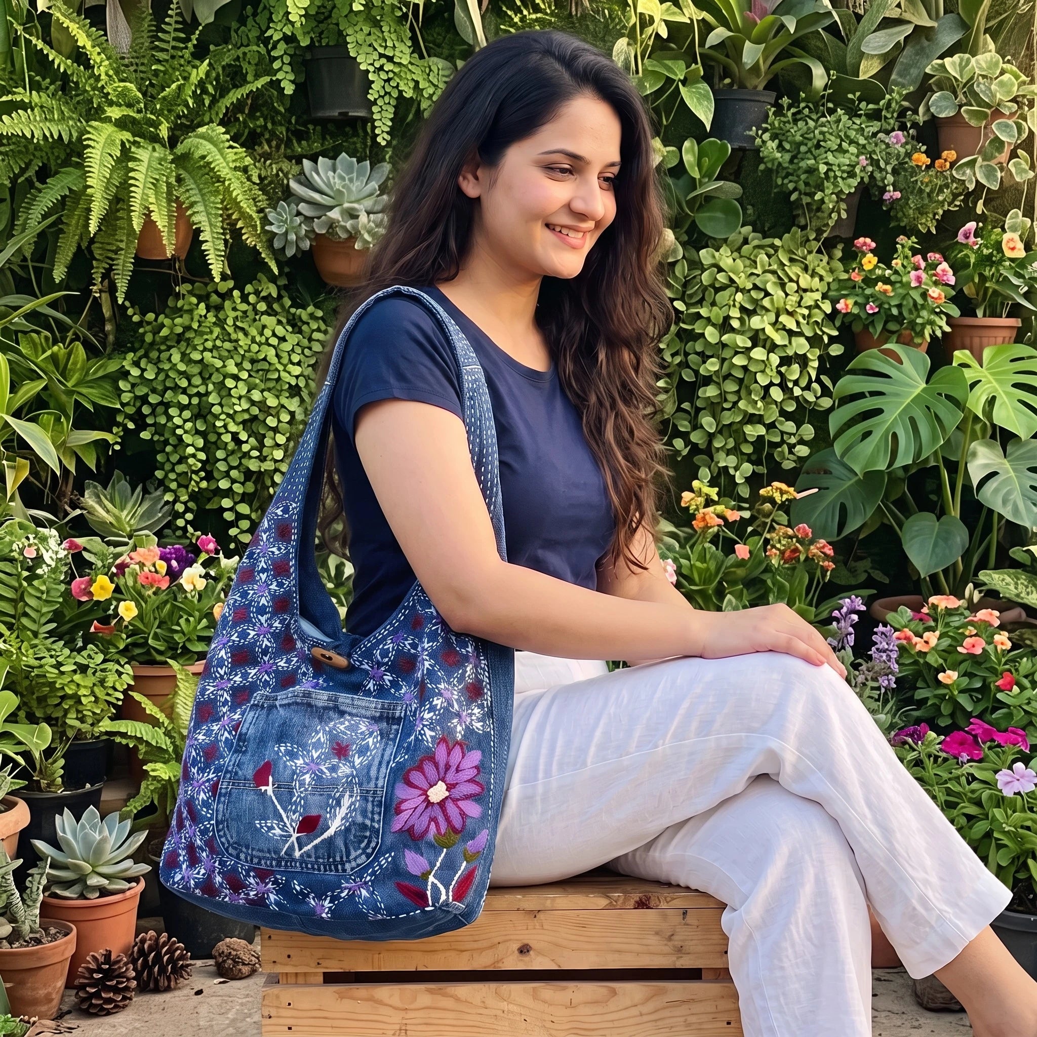 Bidora denim hobo bag with floral embroidery and butterfly motif, worn by a woman in a lush garden setting.