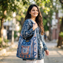 Bidora denim hobo shoulder bag with intricate embroidery and wooden toggle closure worn by a woman outdoors.