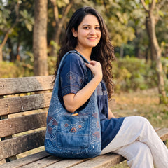 Bidora indigo denim hobo bag with white hand-stitched embroidery and wooden toggle, worn by a woman on a park bench.