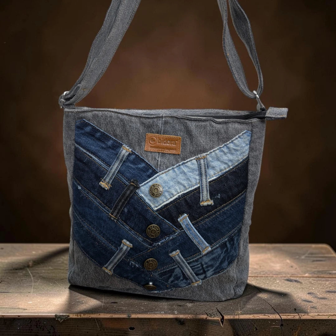Bidora grey patchwork denim crossbody bag with metallic buttons and adjustable shoulder strap on a wooden surface